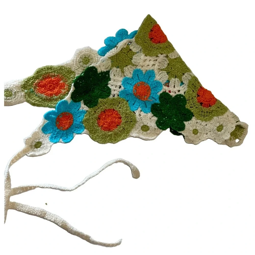 Handmade Crochet Floral Bandana Head Scarf Boho Retro Daisy Kerchief Tie Back
